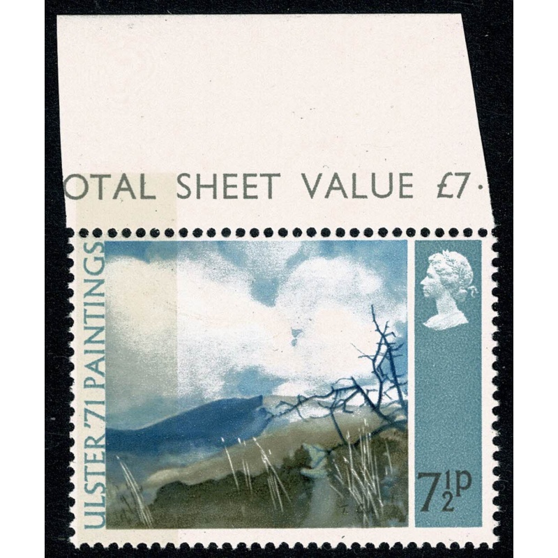 1971 "Ulster" Paintings 7½p. BROAD BAND 0/1mm from left edge. Upper marginal single. SG 882c.