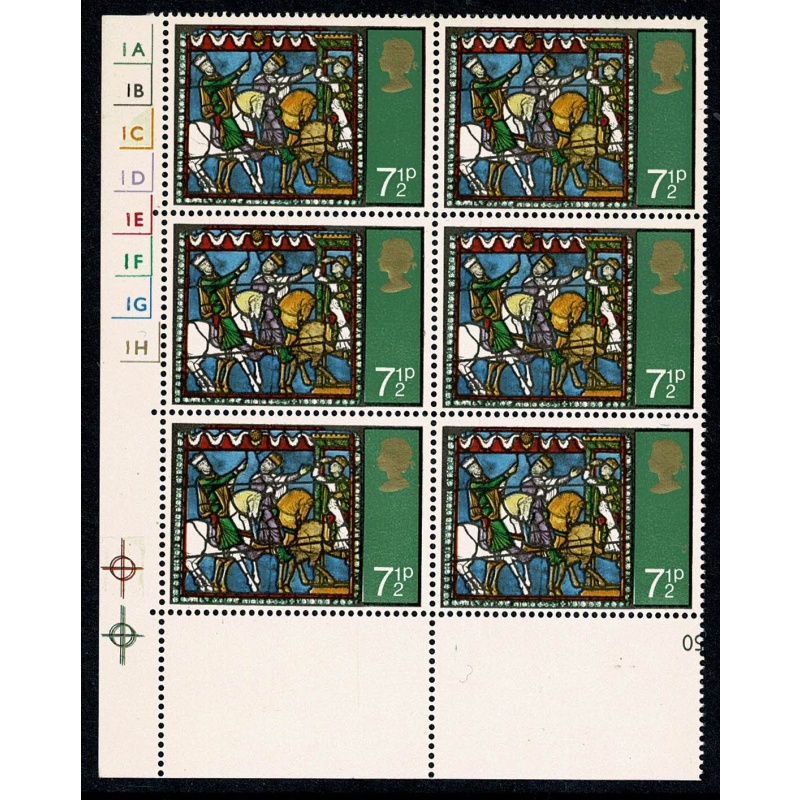 1971 Christmas 7½p MISSING PHOSPHOR. Cylinder block of six. SG 896y