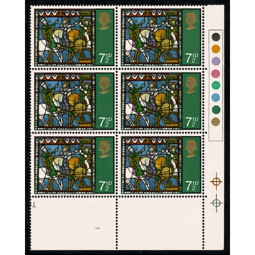1971 Christmas 7½p MISSING PHOSPHOR. Traffic Light block of six. SG 896y