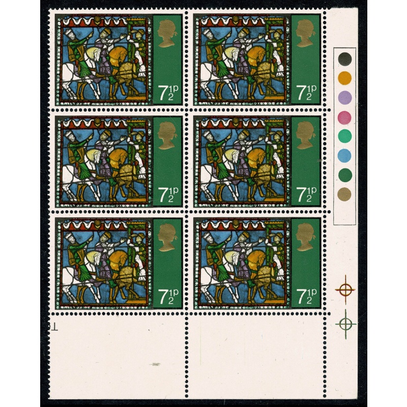 1971 Christmas 7½p MISSING PHOSPHOR. Cylinder block of six. SG 896y