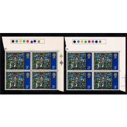 1971 Christmas 3p. MISSING EMBOSSING  plus VIOLET SHIFT DOWNWARDS. UM Traffic Light block. SG 895h var