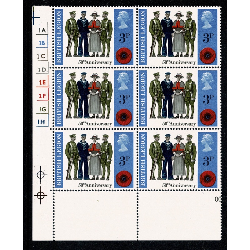 1971 General  Anniversaries 3p MISSING PHOSPHOR. Cylinder block of six. SG 887y