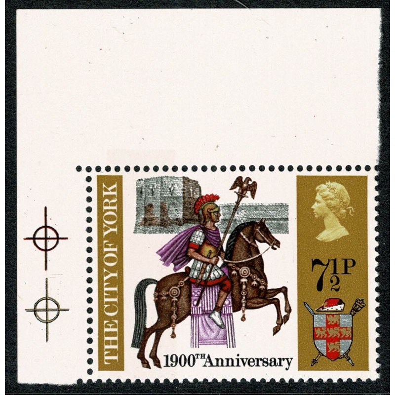 1971 General Anniversaries 7½p. BROAD BAND 3-4mm from left edge. Upper marginal single. SG 888c