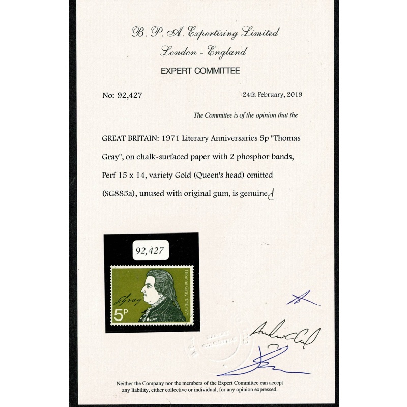 1971 Literary Anniversaries 5p. Error MISSING GOLD. SG 885a. With BPA Certificate.