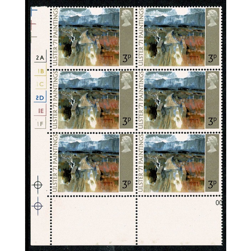 1971 "Ulster" Paintings 3p. Cylinder block of six MISSING PHOSPHOR. SG 881y