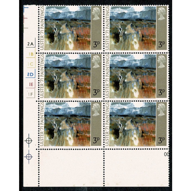 1971 Ulster Paintings 3p. Cylinder block of six MISSING PHOSPHOR. SG 881y