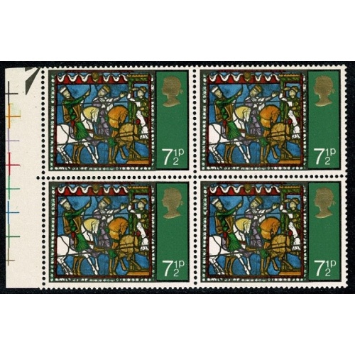 1971 Christmas 7½p. BROAD BAND 10mm from left edge. Marginal block. SG 896i. Spec. W216i