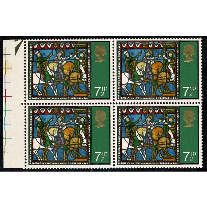 1971 Christmas 7½p. BROAD BAND 10mm from left edge. Marginal block. SG 896i. Spec. W216i
