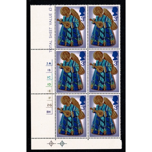 1972 Christmas 3p MISSING PHOSPHOR. Cylinder block of six. SG 914y