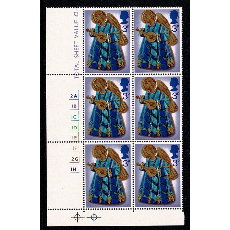 1972 Christmas 3p MISSING PHOSPHOR. Cylinder block of six. SG 914y