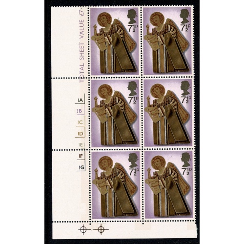 1972 Christmas 7½p. MISSING EMBOSSING Cylinder block of six. SG 915c
