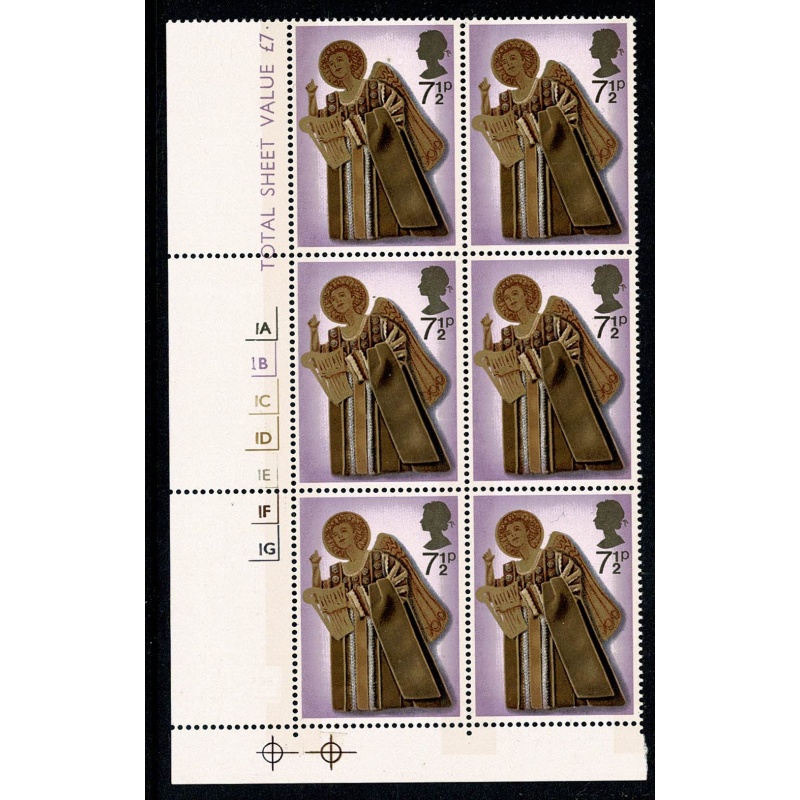 1972 Christmas 7½p. MISSING EMBOSSING Cylinder block of six. SG 915c