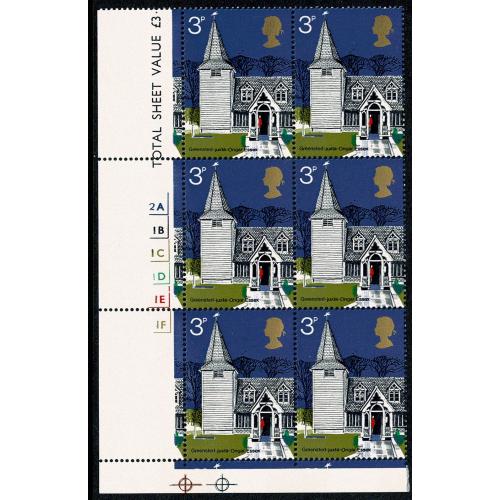1972 Churches 3p. MISSING EMBOSSING Cylinder block of six. SG 904c