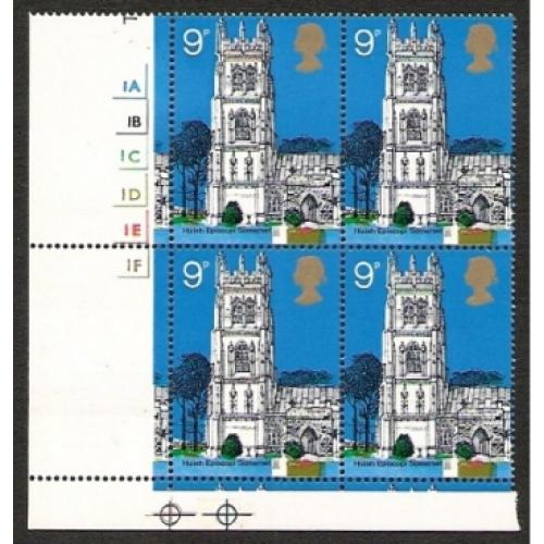 1972 Churches 9p MISSING PHOSPHOR. Cylinder block of four. SG 908y