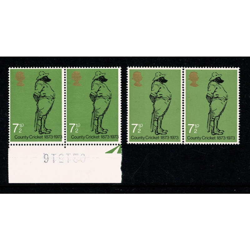1973 Cricket 7½p Attractive EMBOSSING SHIFT pair with BLACK SHIFT.  SG 929 var