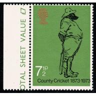1973 Cricket 7½p Attractive EMBOSSING SHIFT  with SHIFT OF BLACK. SG 929 var