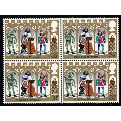 1973 Christmas 3½p (PVAD gum)  MISSING  ALL OVER PHOSPHOR. Block of four. SG 948 var