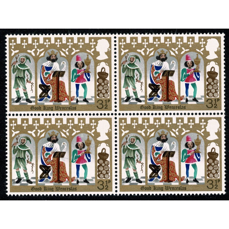 1973 Christmas 3½p (PVAD gum)  MISSING  ALL OVER PHOSPHOR. Block of four. SG 948 var