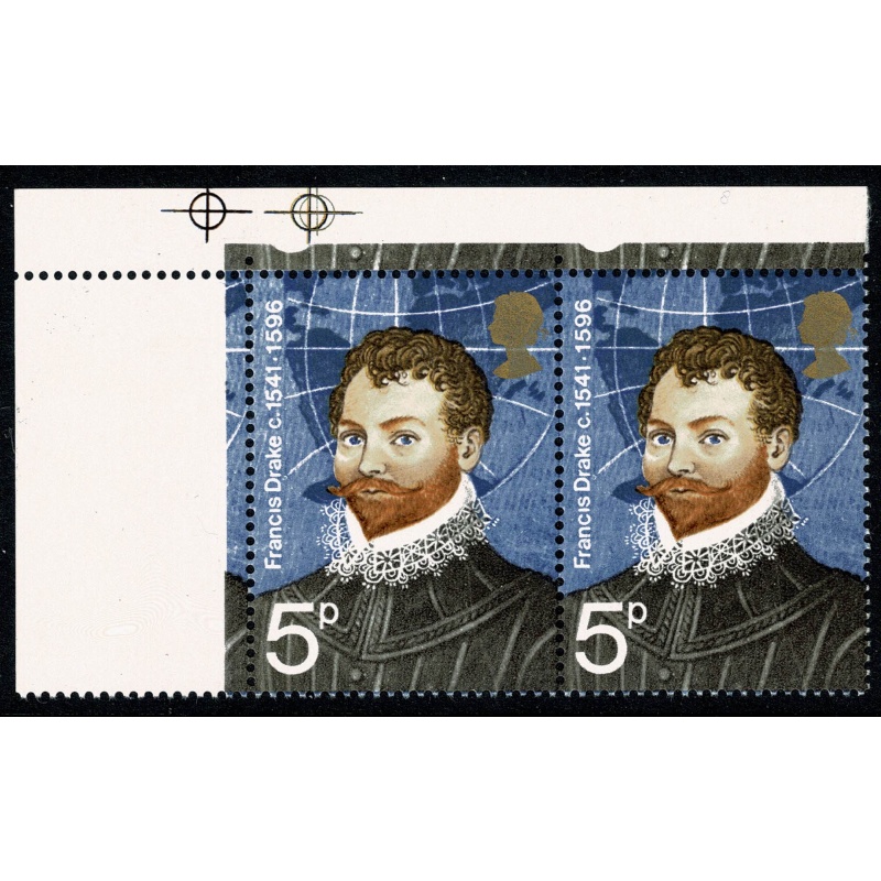 1973 Explorers 5p MISSING PHOSPHOR & EMBOSSING. Positional corner pair. SG Spec. W245d