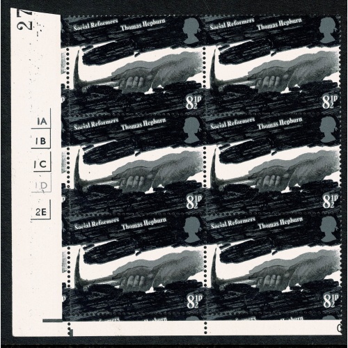 1976 Reformers 8½p. SHIFT OF GREY BLACK ("moving hands").  Cylinder block. SG 1001 var