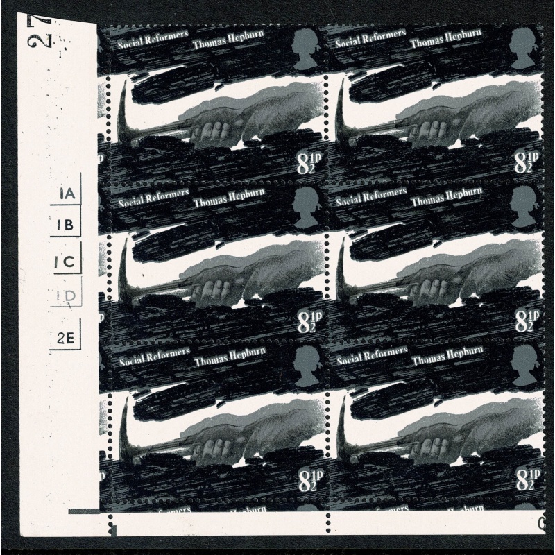 1976 Reformers 8½p. SHIFT OF GREY BLACK ("moving hands").  Cylinder block. SG 1001 var