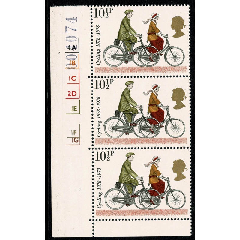 1978 Cycling 10½p. SHIFT OF GOLD Cylinder strip. SG 1068 var.