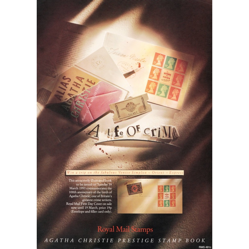 Royal Mail A3 Poster promoting 1991 Agatha Christie Prestige Stamp Booklet. Serial No. RMS 491c. This item for Sale only to UK