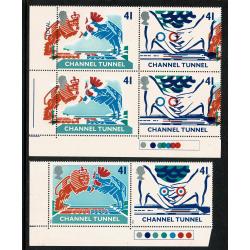 1994 Channel Tunnel 41p. MULTIPLE COLOUR SHIFTS plus PERF SHIFT Traffic light block of four.  SG 1822/23 var.