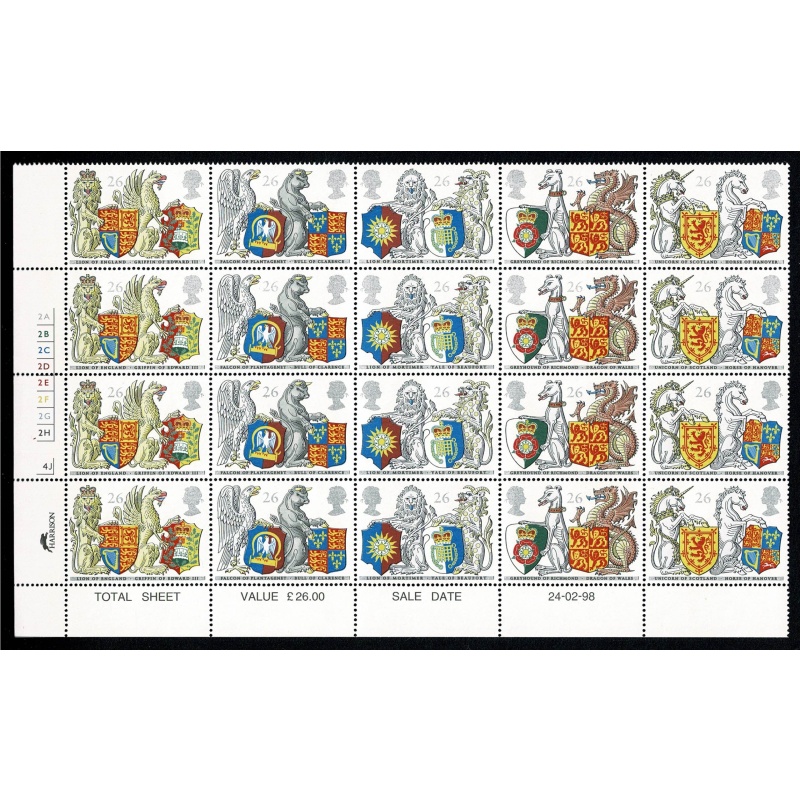 1998 Queen's Beasts 26p MISSING PHOSPHOR. Plate 2A2B2C2D2E2F2G2H  4J block of 20. SG 2026Eay