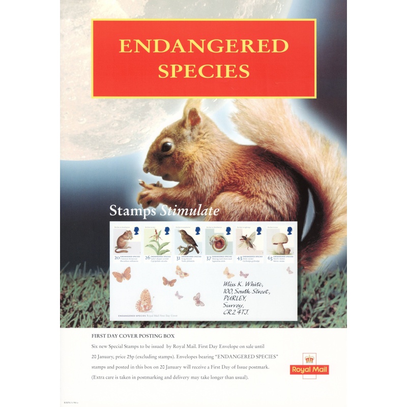 Royal Mail A3 Poster promoting 1998 Endangered Species stamp issue. Serial No. RMN/1/98/e. This item for Sale only to UK