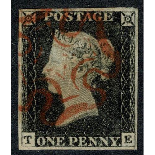 1d Black. Plate 2  TE. Four margins cancelled by neat red Maltese Cross.
