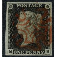 1d Black. Plate 2  MB. Four good to large  margins cancelled  red Maltese Cross.