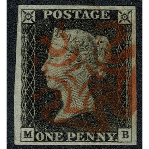 1d Black. Plate 2  MB. Four good to large  margins cancelled  red Maltese Cross.