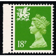 18p bright green FCP/PVA. MISSING PHOSPHOR.  Ex DP181 from £6 Wales Prestige Booklet. SG W49ly